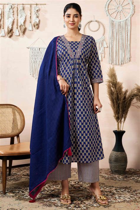 Navy Blue Floral Printed Pure Cotton A-Line Salwar Suit
