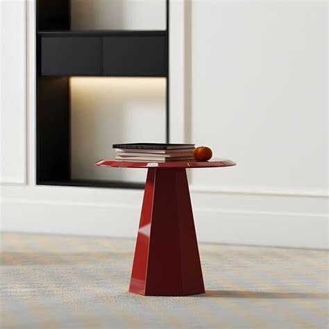 Scandinavian Red Wood End Table with Round Pedestal Base, Standard ...
