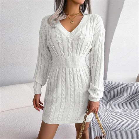 Symoid Women's V-neck Knitted Sweater Dress, Autumn/Winter Waist Bag ...