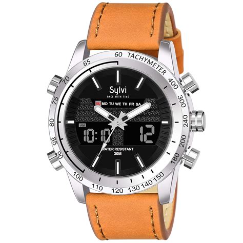 Sylvi Analogue-Digital Precious Black Dial Brown Leather Strap Multi ...