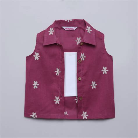 100% Cotton Embroidered Sleeveless Shirt With Crop Top - Violet & Whit ...