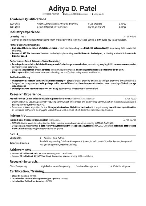 Aditya Patel's Resume Template - M.Tech in Comp. & Data Sciences - Studocu