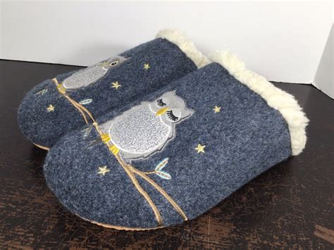Lands End Womens Size 9B Blue Owl Felt Scuff Sherpa Lined Slip On Slide ...