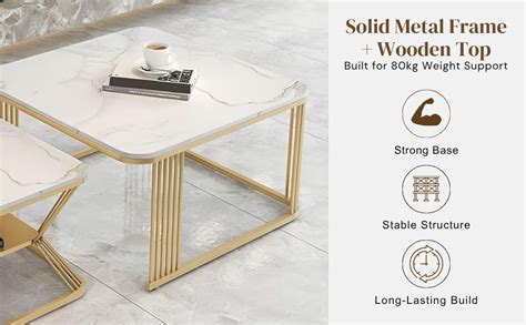 DimeSkaf Set of 2 Square Coffee and End Tables with Wooden Top Metal ...