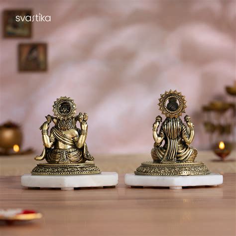 Brass Four-Armed Lakshmi Ganesh Murti Pair (4 Inch)