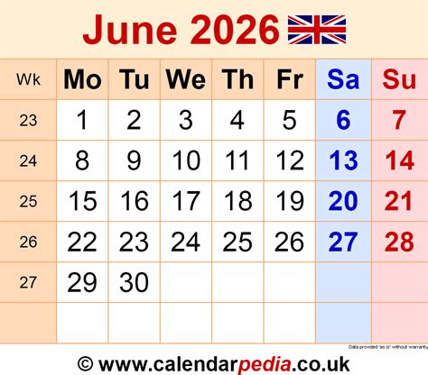Calendar June 2026 UK with PDF, Excel and Word templates