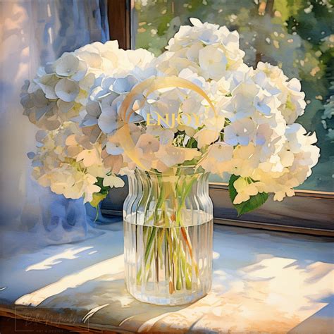 White Hydrangea Painting Flowers in Glass Vase Bouquet Instant Art Floral Printable Botanical ...