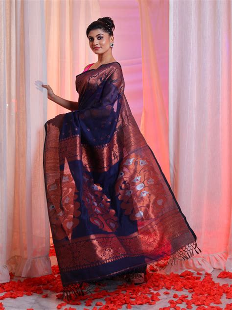 Navy Blue Cotton Blend Handwoven Saree With Flower Border – Charukriti