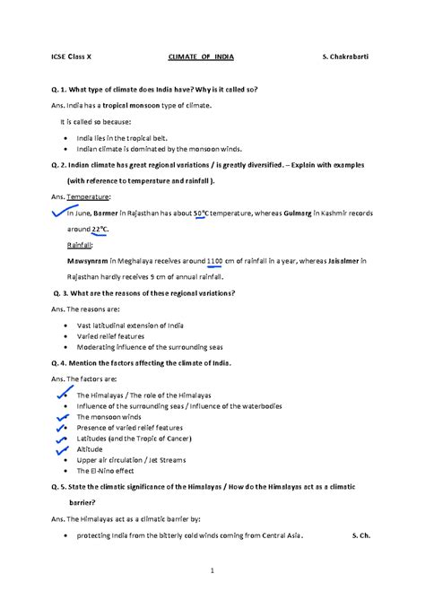 ICSE Class X Climate of India - Comprehensive Study Notes - Studocu