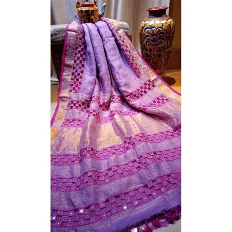 Pure Linen Hand Cutwork Design Purple color Saree with Running Blouse ...