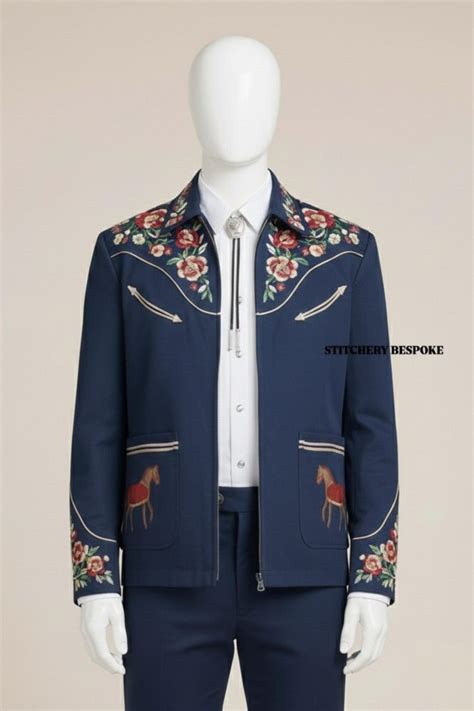 Men 2pc Navy Blue Custom Floral Horse Embroidered Country Western ...
