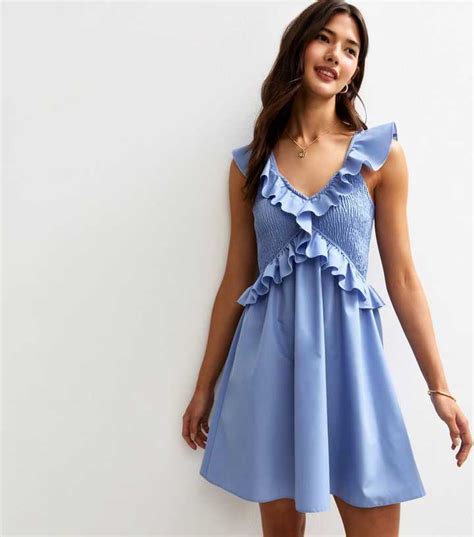 Blue V-Neck Ruffle Trim Shirred Bust Mini Dress | New Look