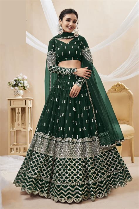 Dark Green Color Ready To Wear Lehenga With Net Dupatta – Seyuri.in