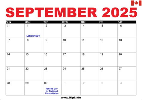 September 2025 Calendar Canada with Holidays - Hipi.info