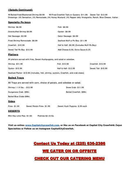 Menu at Capital City Crawfish restaurant, Baton Rouge