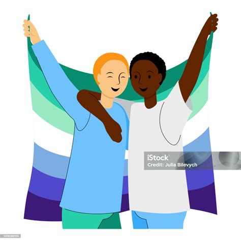 Happy Boys Couple Holding Gay Men Flag During Pride Month Stock ...