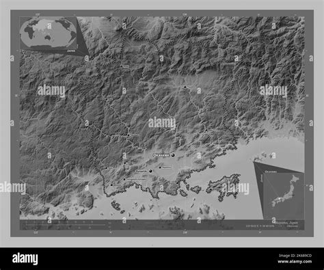 Okayama, prefecture of Japan. Grayscale elevation map with lakes and rivers. Locations and names ...