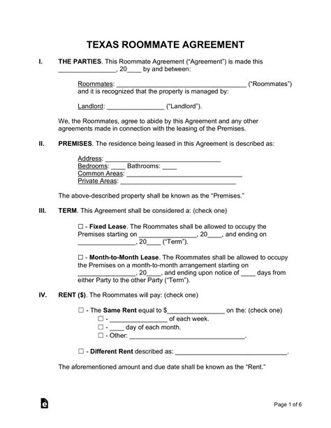 Free Texas Roommate Agreement Template - PDF | Word – eForms