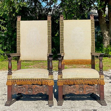 Vintage Boho Carved Spanish Ticking Stripe Chairs - a Pair at 1stDibs