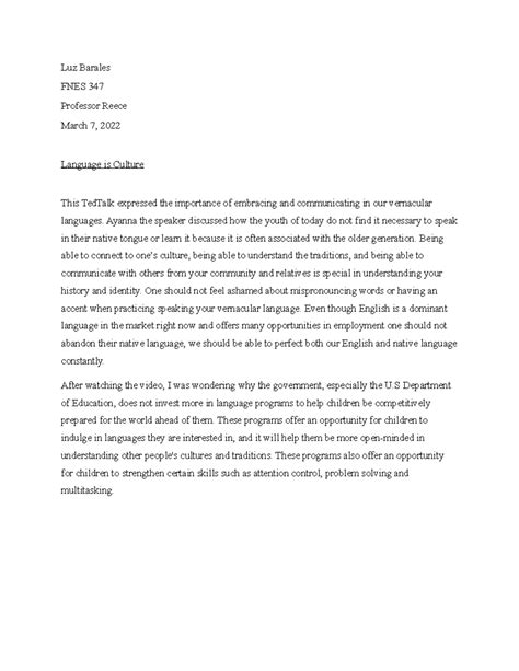 Ted talk - Summarize assigned ted talk video - Luz Barales FNES 347 ...