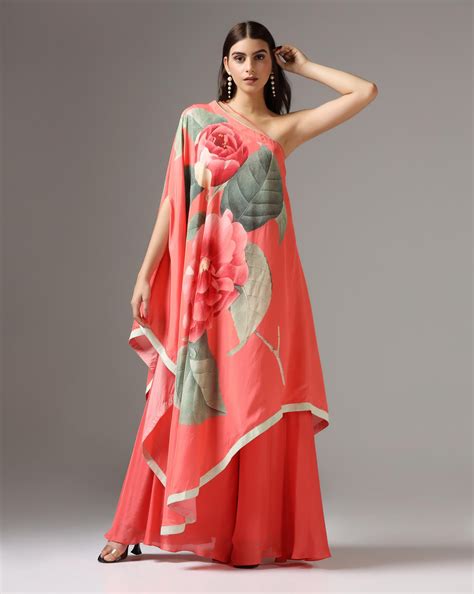 Coral Pink Floral One-Shoulder Cape Set – Yashodhara