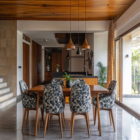 Boho 6-Seater Wooden Dining Room Design With Chandelier