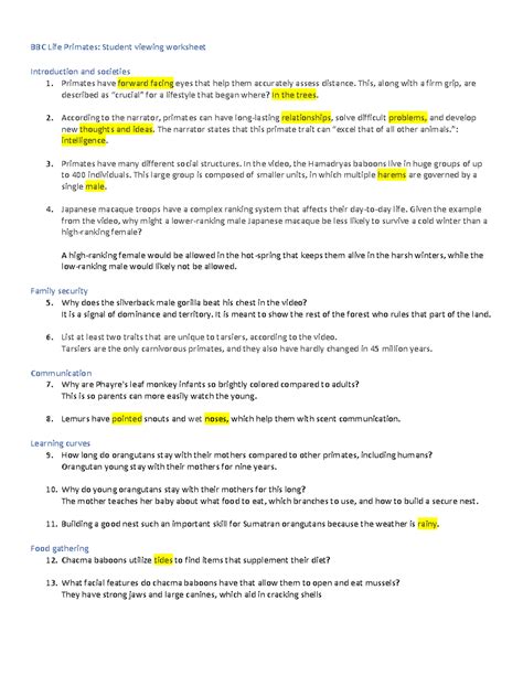 Zoe Rodriguez BBC Life Primates Film Guide - BBC Life Primates: Student viewing worksheet - Studocu