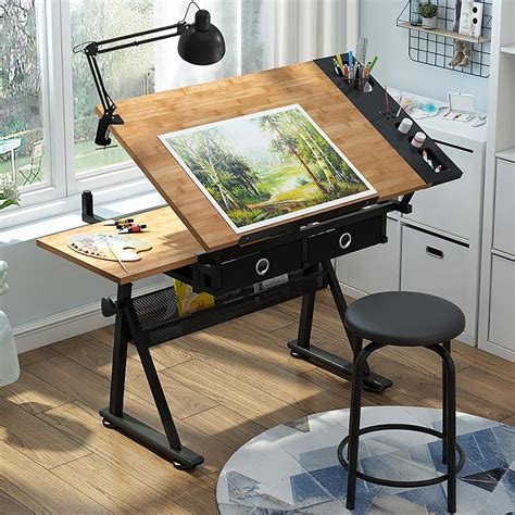 Amazon.com: Adjustable Drafting Table with Stool, Tiltable Draft Desk ...