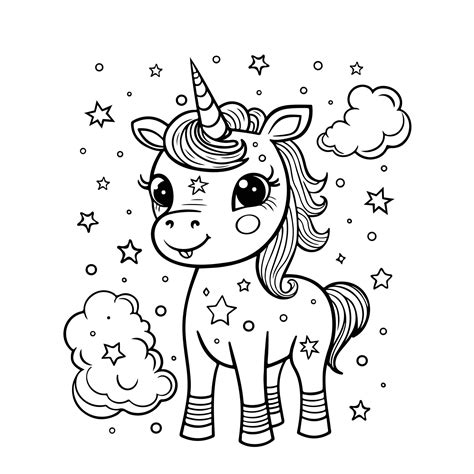 Cute unicorn. Black and white linear drawing vector. Simple children's coloring book ...