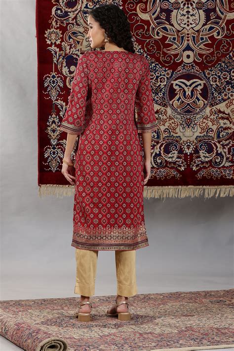 Buy Jazzy Maroon Printed Straight Kurta with Neck Embroidery Online for ...