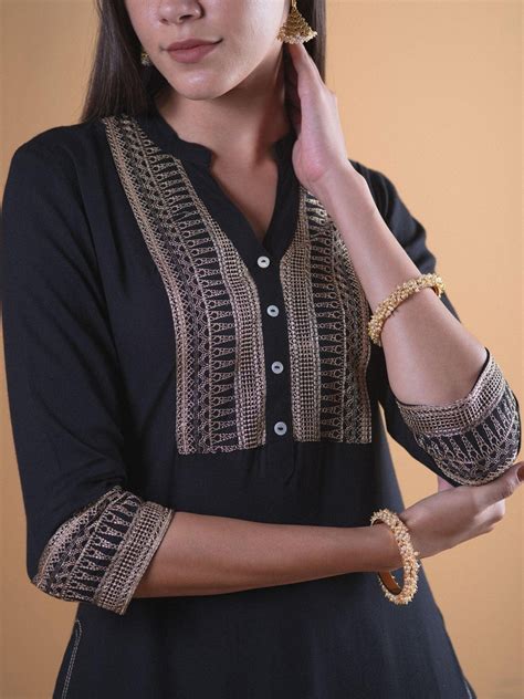 Buy Black Embroidered Rayon Kurta Online at Rs.639 | Libas