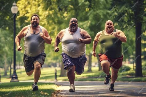 Group of fat male runners with obesity runs in park in summer sports ...