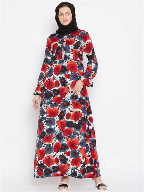 Nabia Women Red & Black Floral Printed Crepe Abaya Dress With Georgett