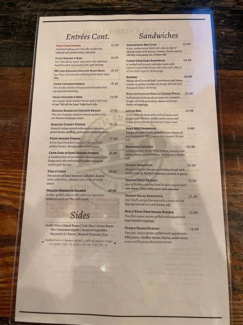 Menu at The Corner Stable restaurant, Cockeysville