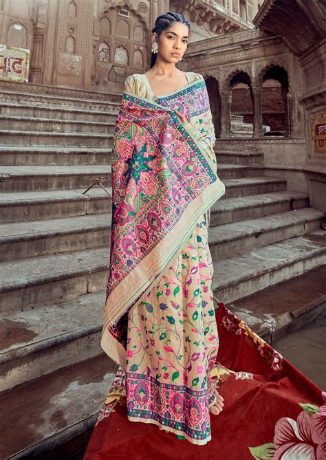 Buy Kashmiri Pashmina Silk Kani Work Embroidery Saree Online Shopping ...