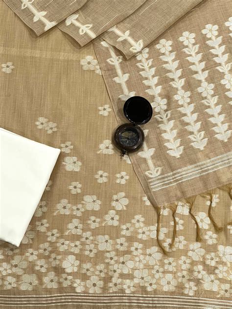 Sophisticated Brown Handloom Jacquard Floral Chanderi Suit Set HCS ...