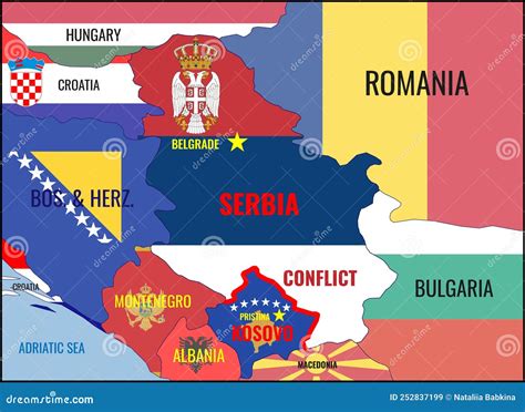 Illustration of a Map of Serbia, Kosovo and Neighboring Countries with National Flags. Conflict ...