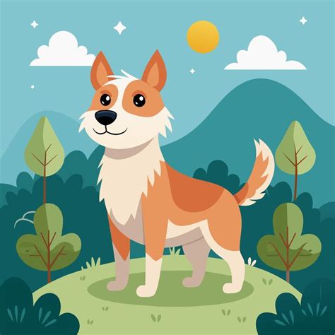 A cartoon dog is standing in a field with trees and mountains in the ...