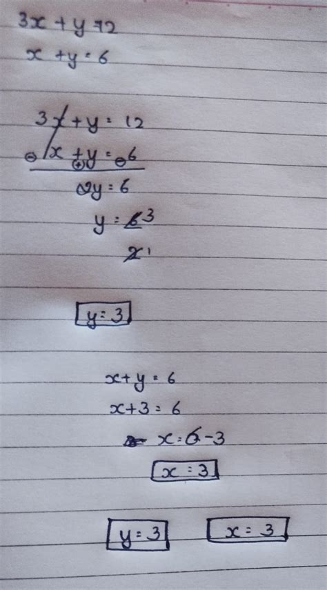 Solve the given pair of linear equations : 3x + y = 12 x+y = 6 - Brainly.in