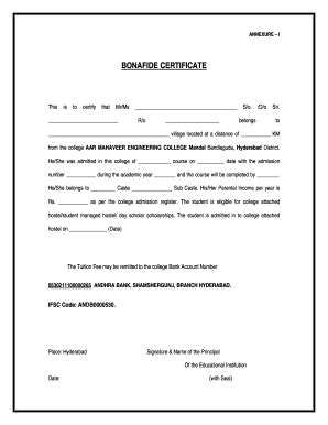 India AAR Mahaveer Engineering College Bonafide - Blank Fillable ...