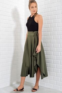 Haki Asimetrik Kesim Midi Etek - Alaçatı Stili | ElbiseBul
