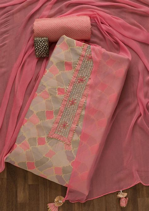 Buy Pink Printed Cotton Unstitched Salwar Suit - Koskii