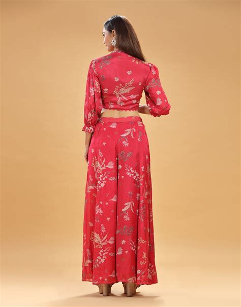 Amaranth Printed Flared Festive Fusion Co-ord Set – Roopkala