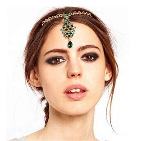Anglacesmade Bohemian Head Chain Bridal Emerald Forehead Chain Gem ...