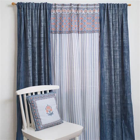 Dusty Pink & Blue Pure Cotton Sheer Curtain | Peepul Tree | 7ft | Set of 3