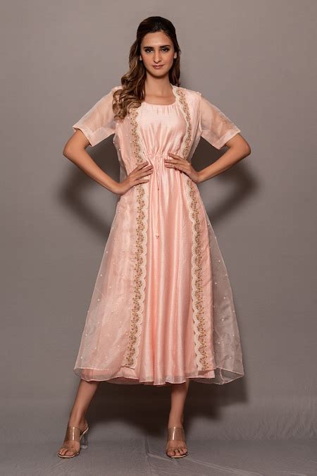 Buy Pink Organza, Muga Bead , Thread Hand Embroidered Cape And Jumpsuit ...