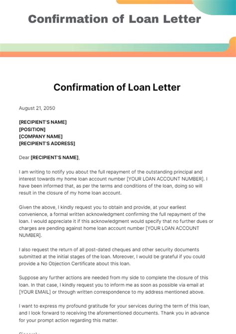 Free Confirmation of Loan Letter Template to Edit Online