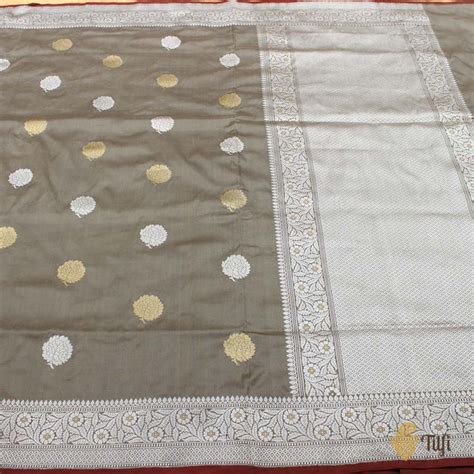 Gray Pure Katan Silk Banarasi Handloom Saree - Tilfi