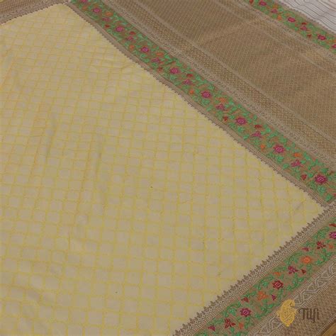 Cream-Mint Yellow Pure Katan Silk Banarasi Handloom Saree - Tilfi