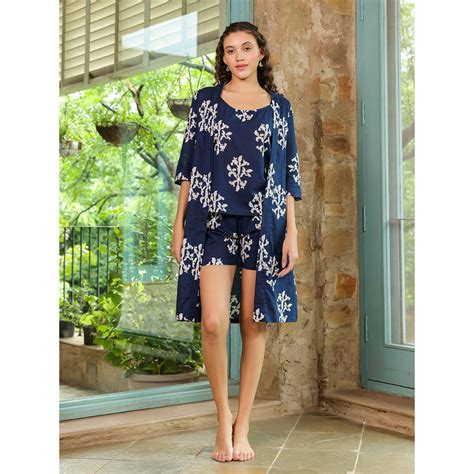 Buy SAY Navy Blue Printed Top with Shorts & Shrug (Set of 3) Online